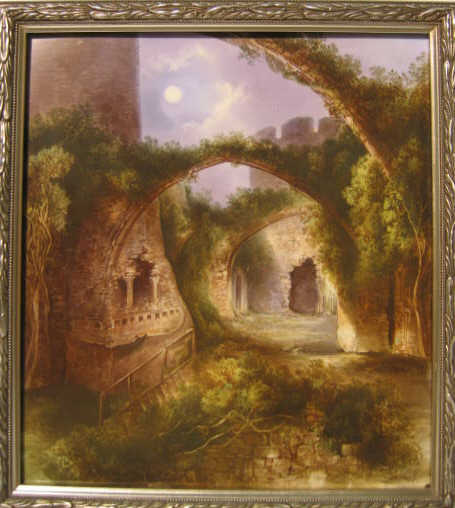 Appraisal: J BIRBECK ENGLISH Hand-painted ruins on porcelain plaque circa bears