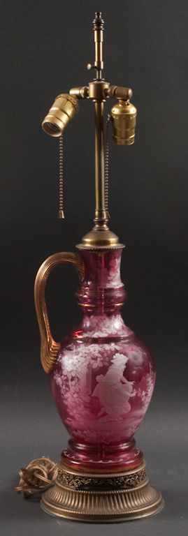 Appraisal: Mary Gregory ruby glass ewer mounted as a lamp late