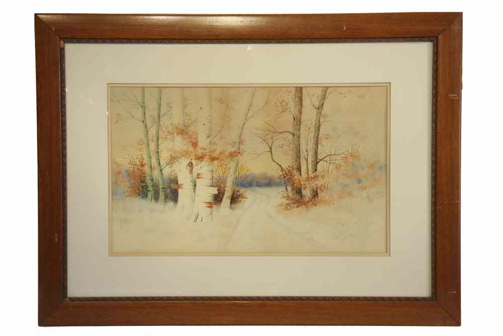 Appraisal: WATERCOLOR - Ca unsigned winter landscape depicting road passing between