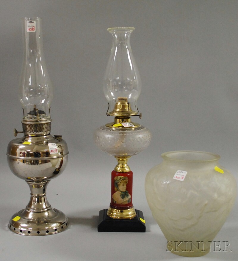 Appraisal: Two Kerosene Table Lamps and a Frosted Glass Vase one