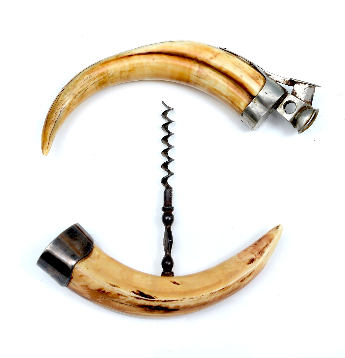 Appraisal: WALRUS TUSK CIGAR CUTTER CORKSCREW Walrus tusk corkscrew has silver