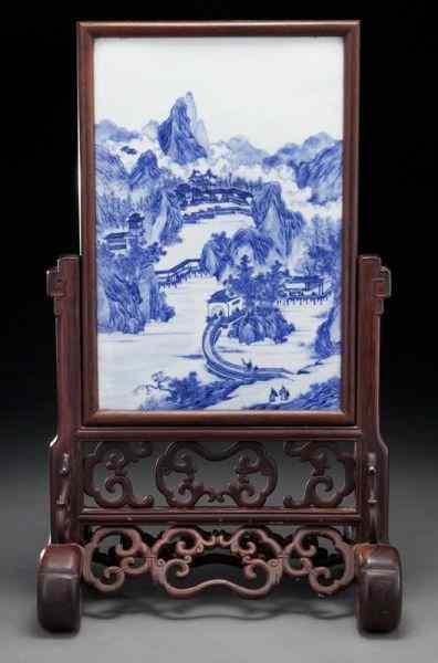 Appraisal: Chinese Qing blue and white porcelain table screendepicting landscapes set