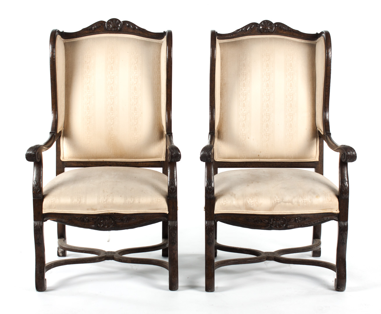 Appraisal: Pair of Louis XIII style oak armchairs carved shell and