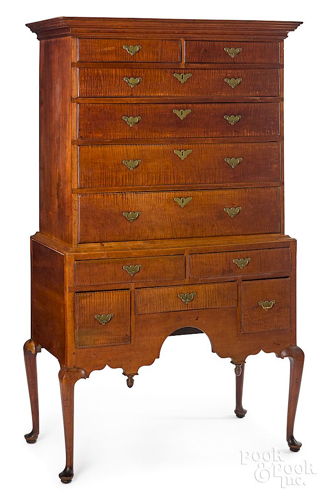 Appraisal: New England Queen Anne tiger maple high chest New England