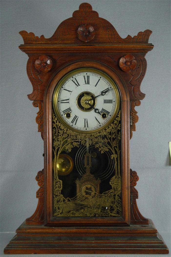 Appraisal: EN Welch walnut mantle clock lake landscape in glass design