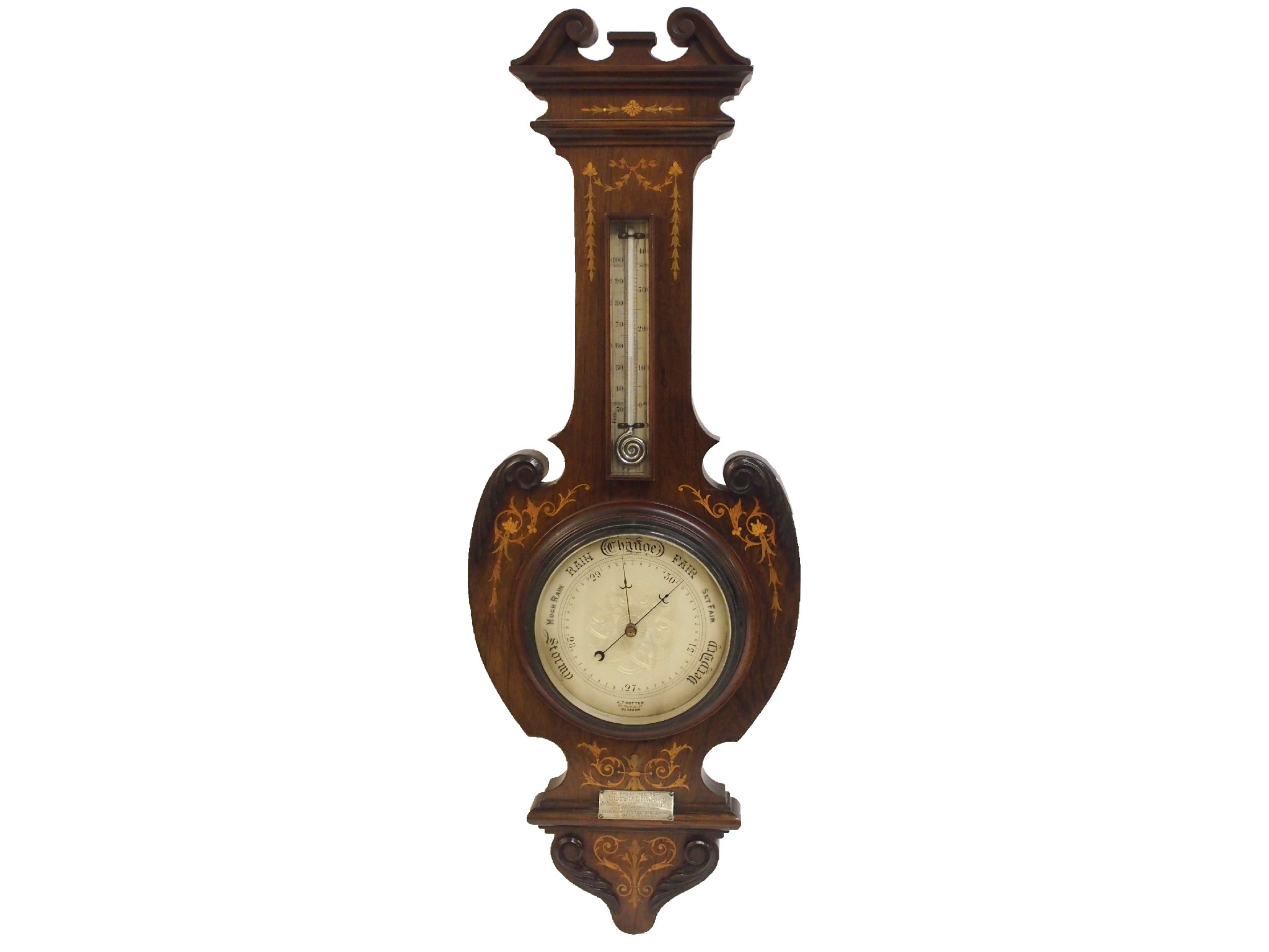 Appraisal: An Edwardian rosewood and inlaid scroll shaped barometer and thermometerinscribed