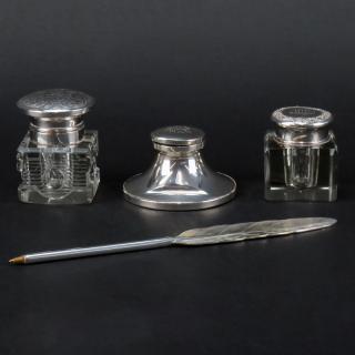 Appraisal: Collection of Three Glass and Silver Inkwells and a Silver