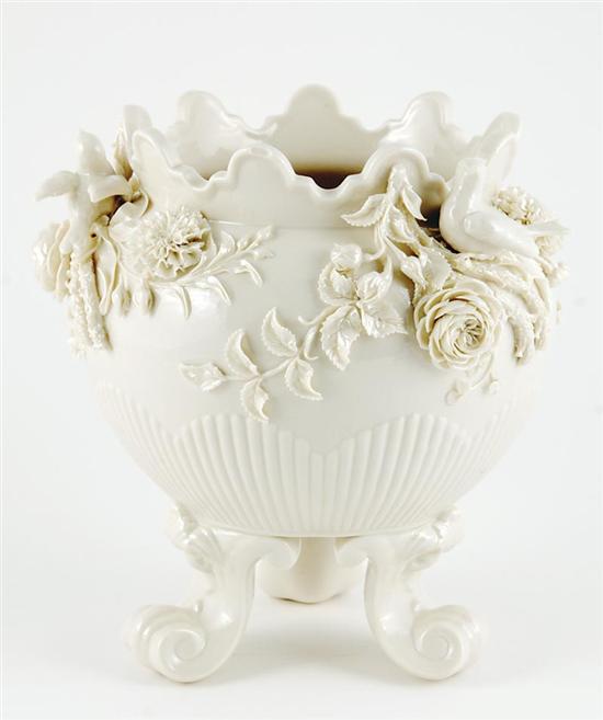 Appraisal: Belleek footed flower pot early th century bulbous form with