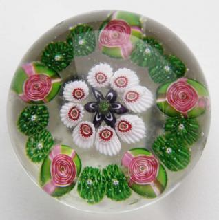 Appraisal: Clichy five rose art glass paperweight with point star center