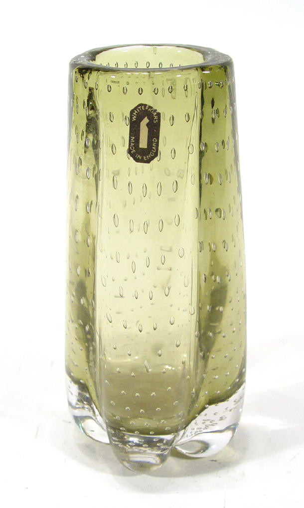 Appraisal: Fluted Whitefriars smoked and bubbled glass vase paper label to