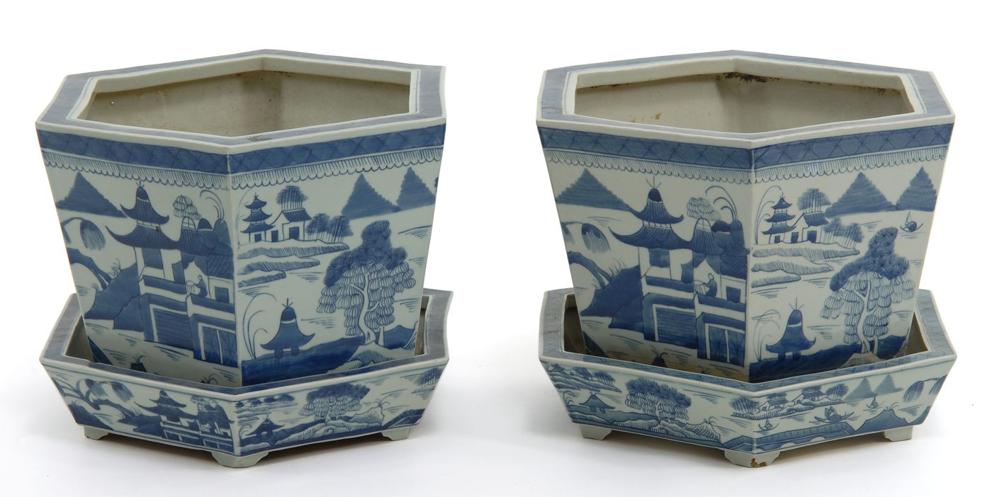 Appraisal: PAIR OF REPRODUCTION CANTON PLANTERS WITH UNDERTRAYS In hexagonal form