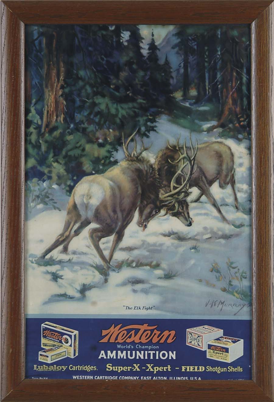 Appraisal: FRAMED WESTERN AMMUNITION CALENDAR TOP TITLED THE ELK FIGHT Vertical