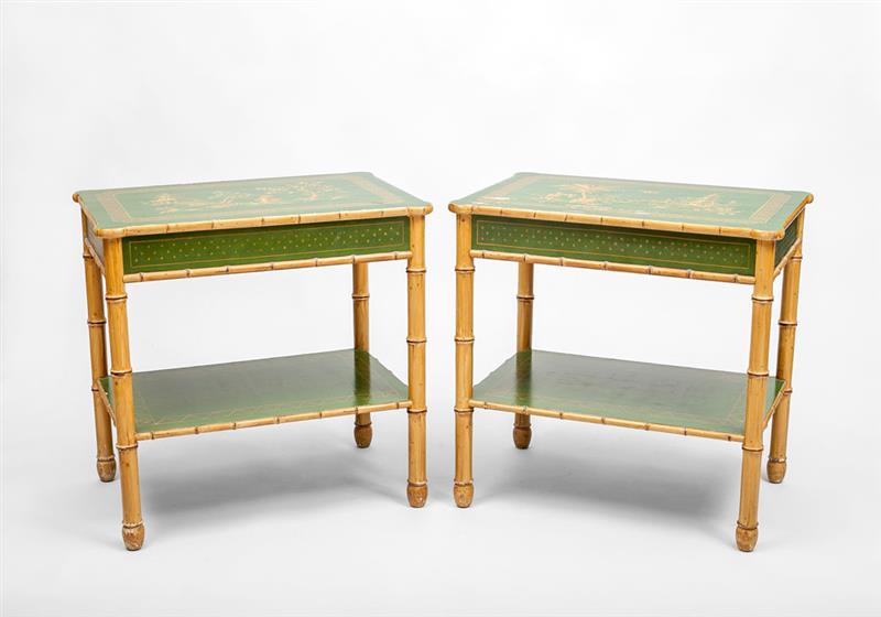 Appraisal: Pair of Green Lacquer Faux Bamboo Side Tables x x