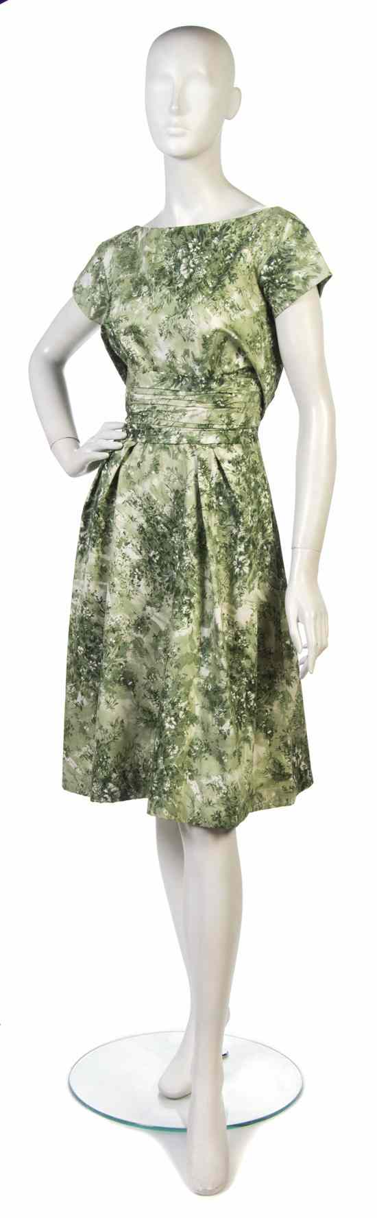 Appraisal: A Ceil Chapman Green Silk Cotton Floral Day Dress s