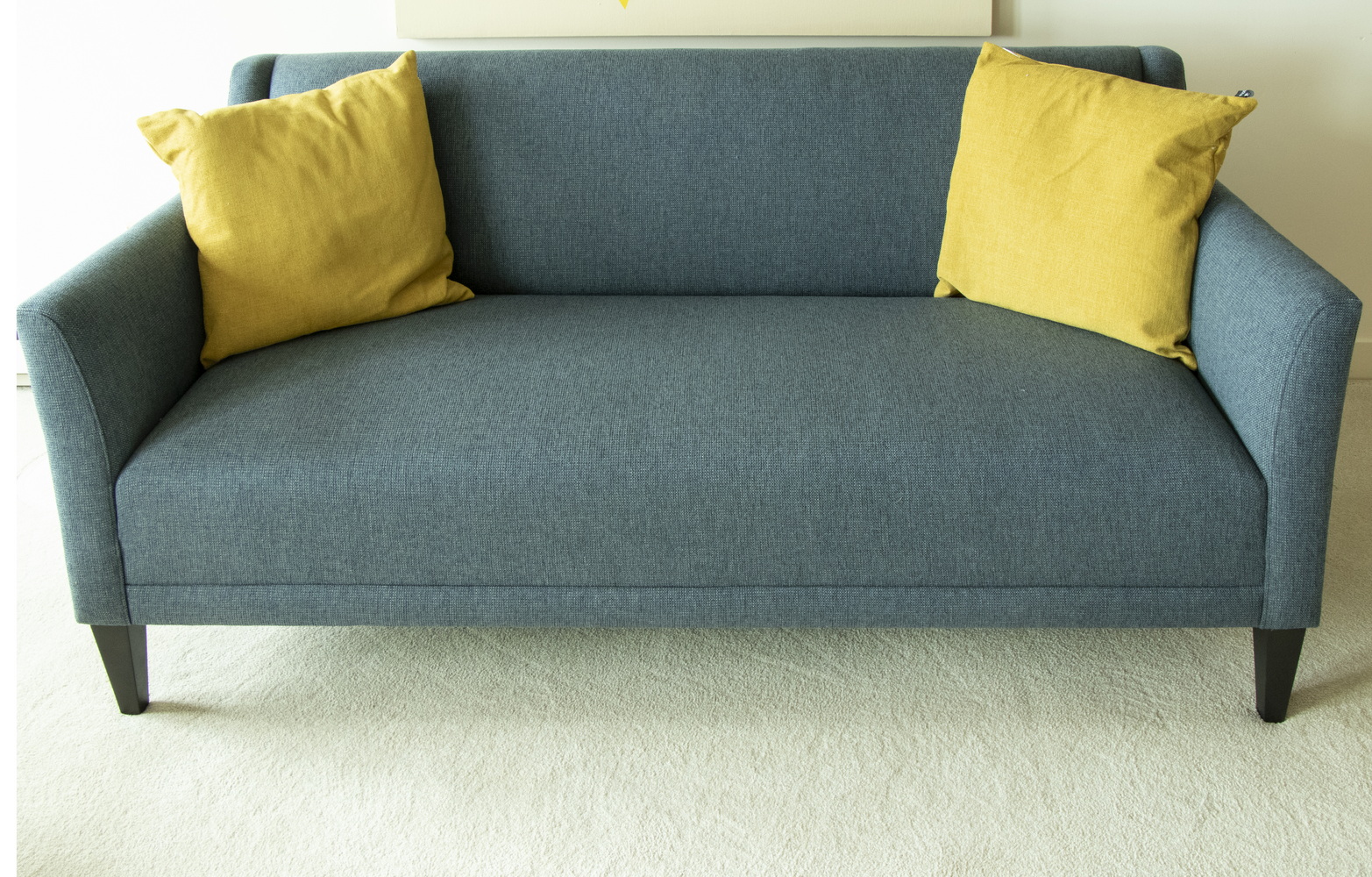 Appraisal: BLUE UPHOLSTERED SOFA Small blue fabric sofa distributed by Crate