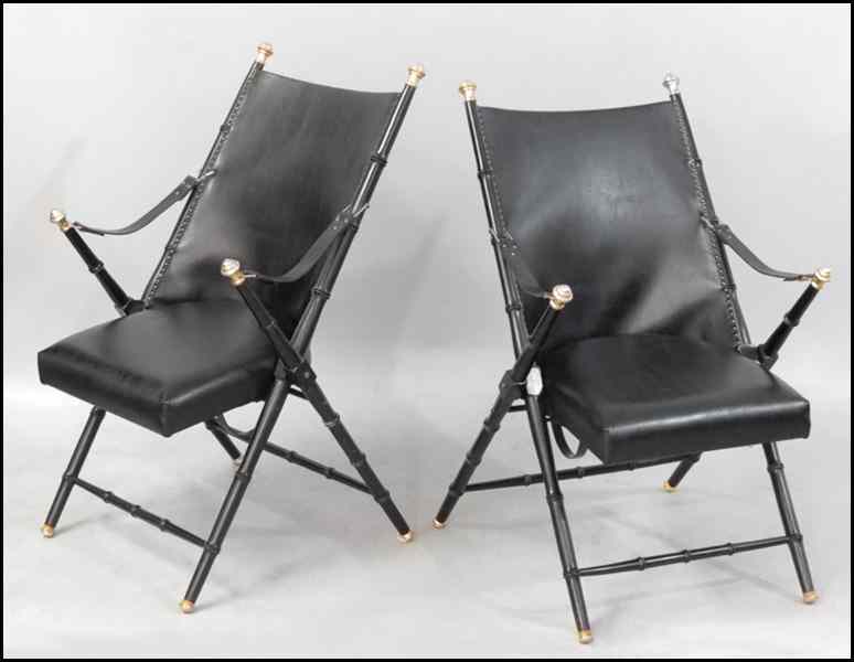 Appraisal: PAIR OF SPANISH BLACK LEATHER CAMPAIGN CHAIRS Back height ''