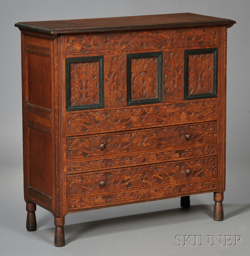 Appraisal: The KW Carved Oak and Pine Hadley Chest over Two