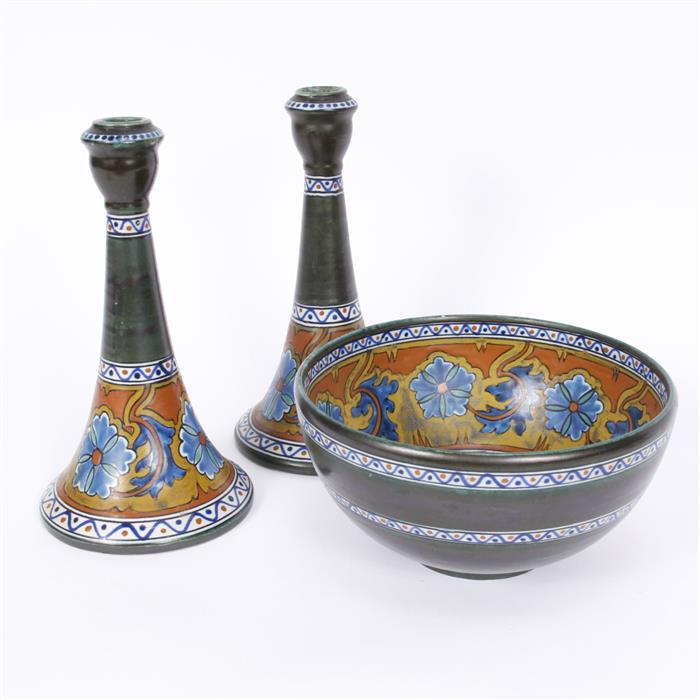 Appraisal: Gouda pottery console center bowl and pair candlesticks chips on