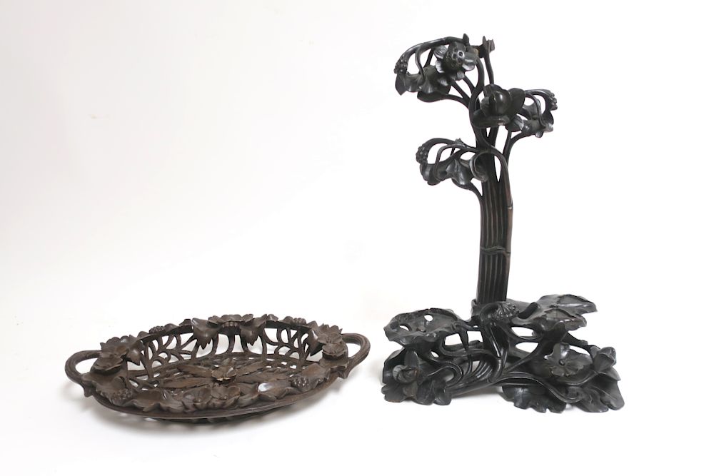 Appraisal: Asian Carved Wood Treeform Stand Basket H x W Litchfield