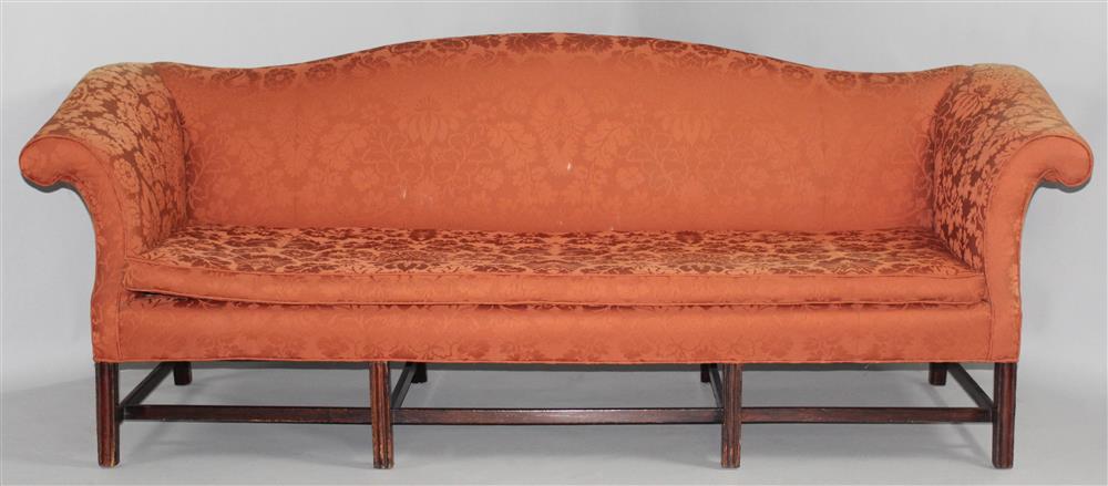 Appraisal: GEORGE III MAHOGANY CAMELBACK SOFA late th Century with slightly