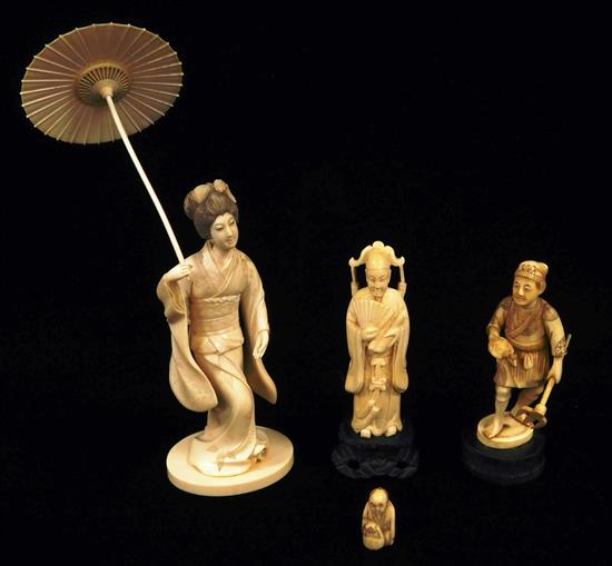 Appraisal: ASIAN Three carved ivory Chinese figures and one Japanese netsuke