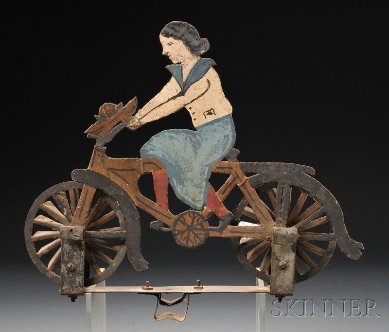 Appraisal: Polychrome-painted Sheet Metal Woman on Bicycle Whirligig America early th