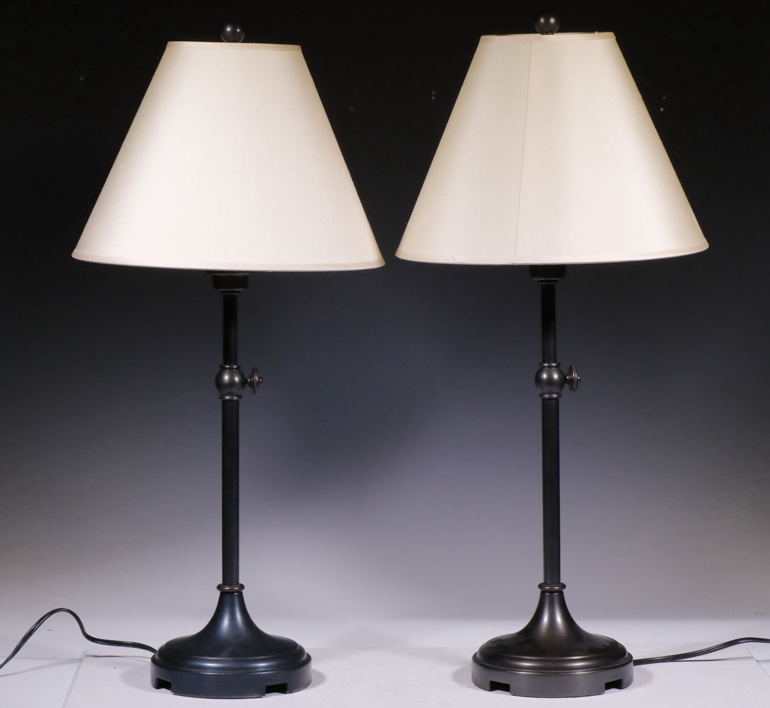 Appraisal: PR OF BRONZE ADJUSTABLE LAMPS WITH SHADES Matching bronze finished