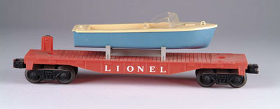 Appraisal: LIONEL FLAT CAR With brown and white motorboat plus two