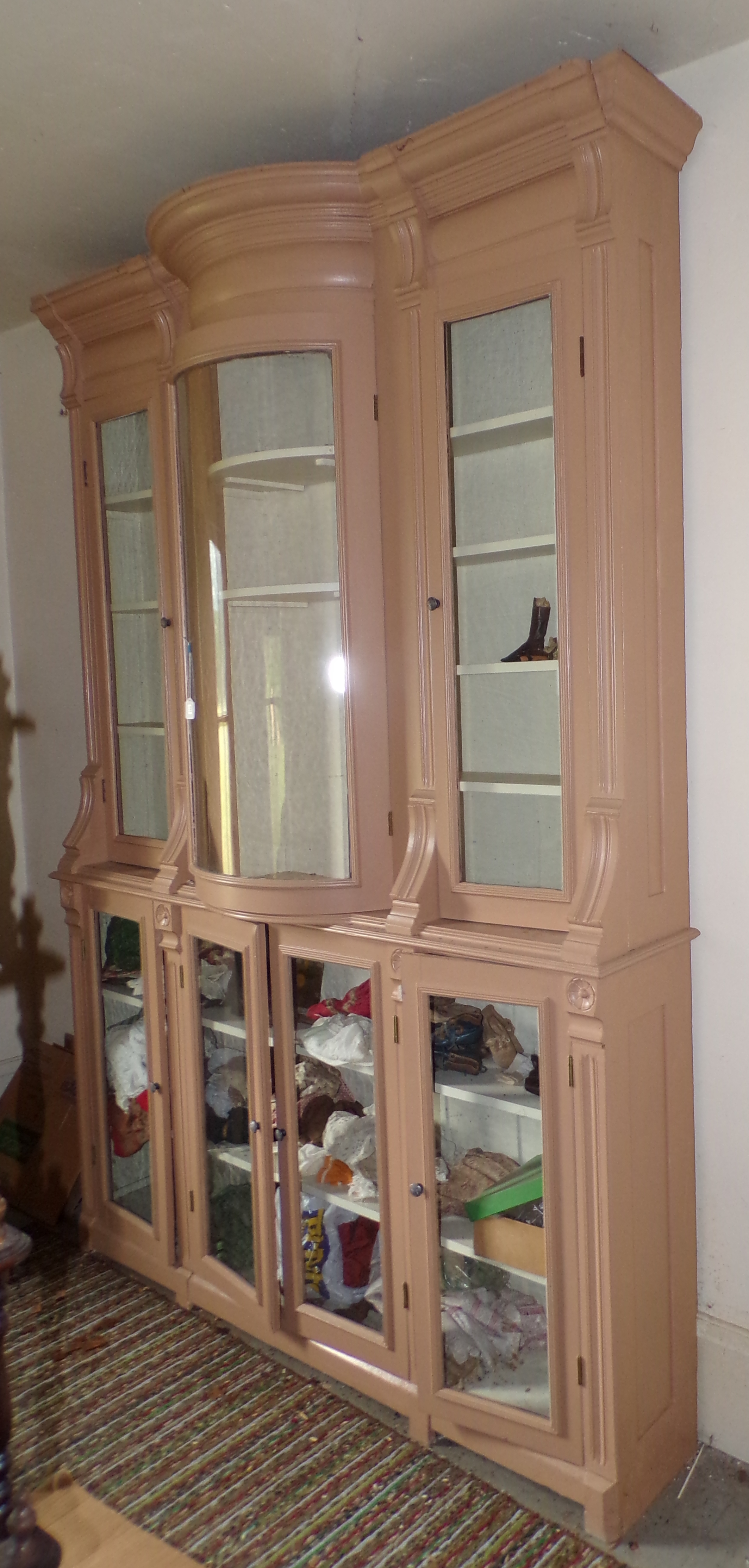 Appraisal: Bookcase painted oak central bow front door flanked by doors