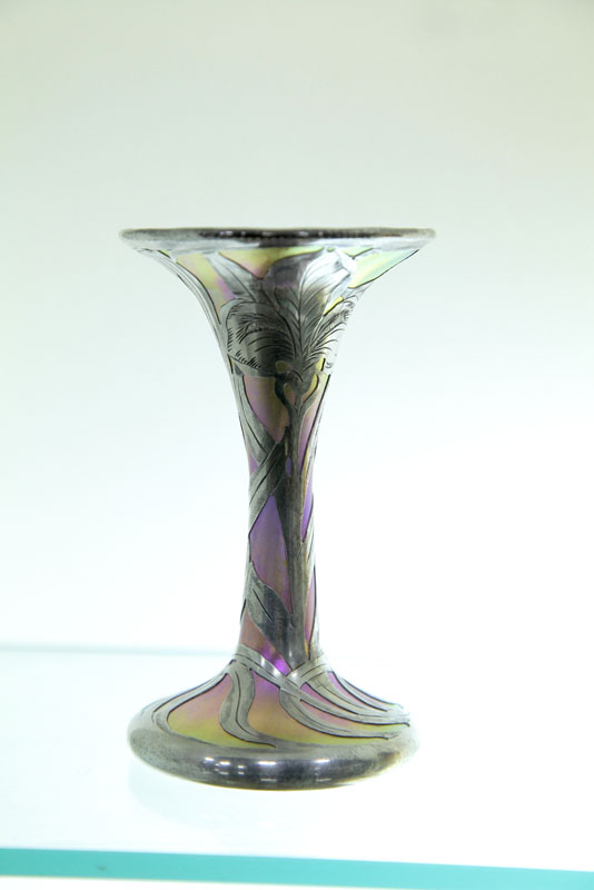 Appraisal: QUEZAL SILVER OVERLAY VASE Trumpet form vase having a purple