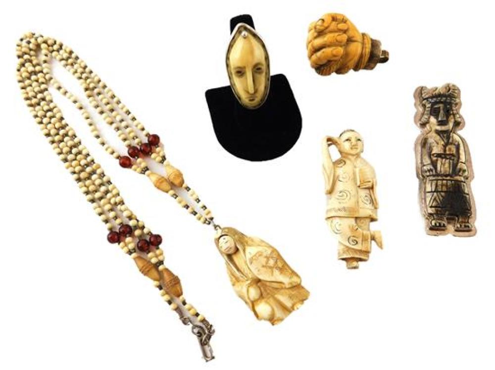 Appraisal: ASIAN Four pieces of ivory jewelry and one netsuke one