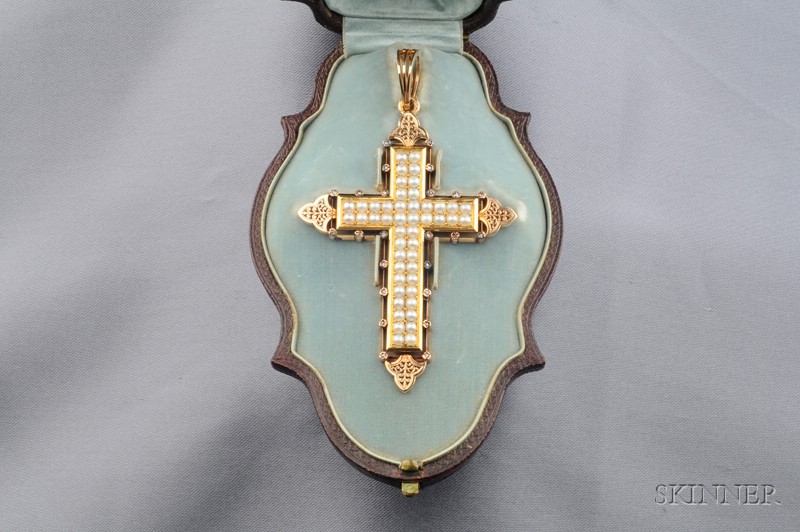 Appraisal: Antique kt Gold Seed Pearl and Diamond Cross France retailed