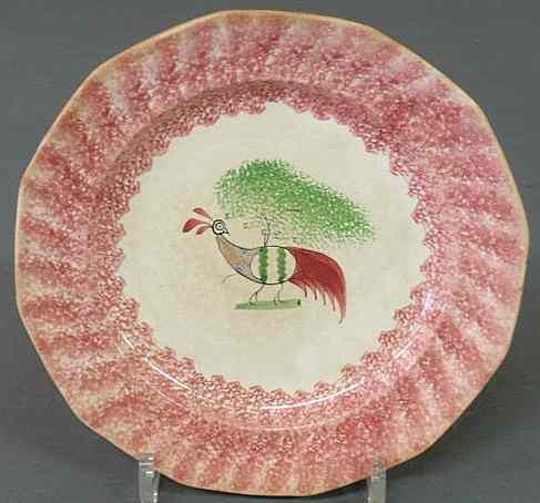 Appraisal: Unusual peafowl red spatterware plate early th c dia