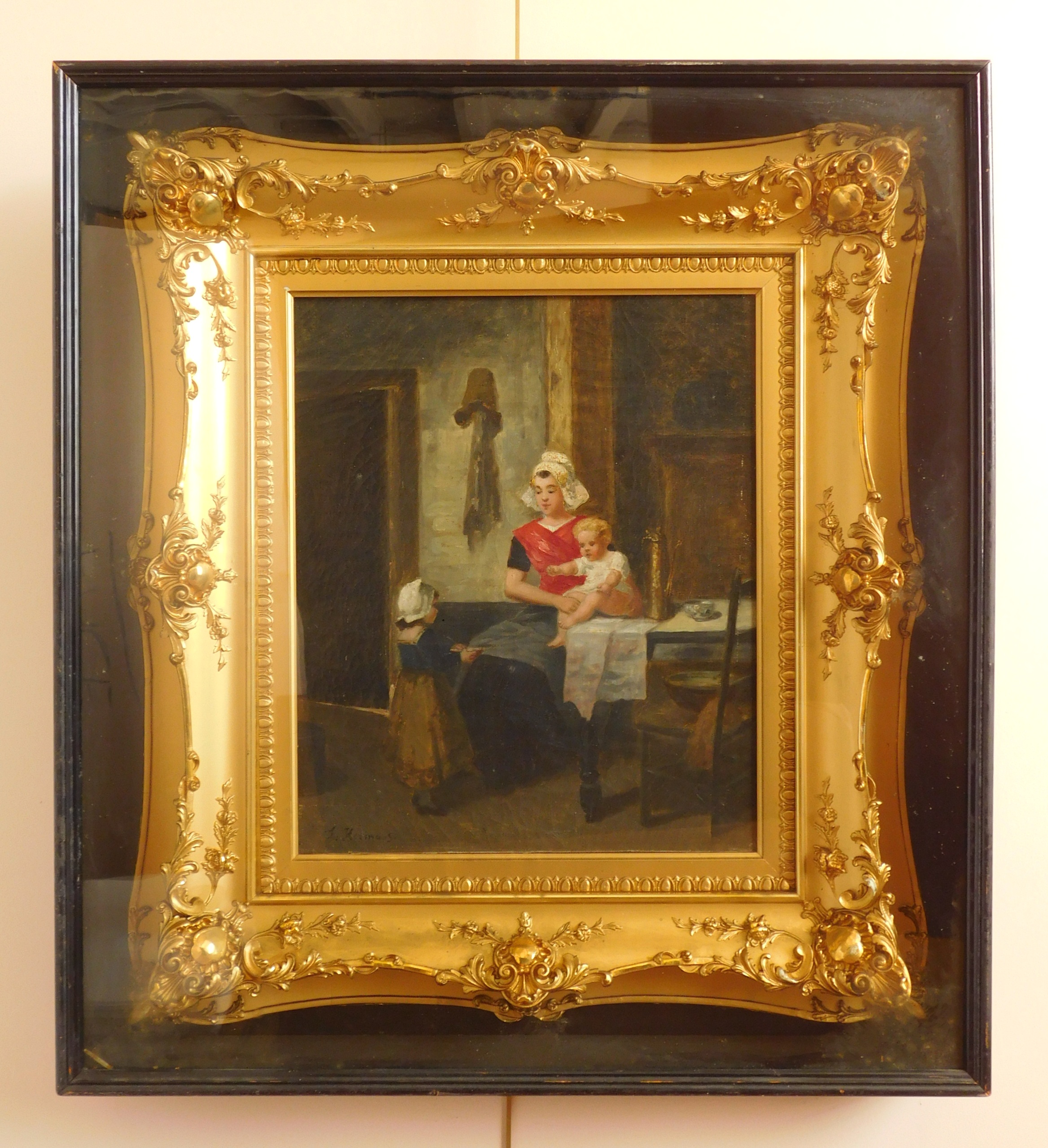 Appraisal: J Hermans th c European Interior Scene with Mother and