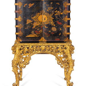 Appraisal: A Chinese Brass-Mounted Gilt-Decorated Black Lacquer Cabinet on Later Giltwood