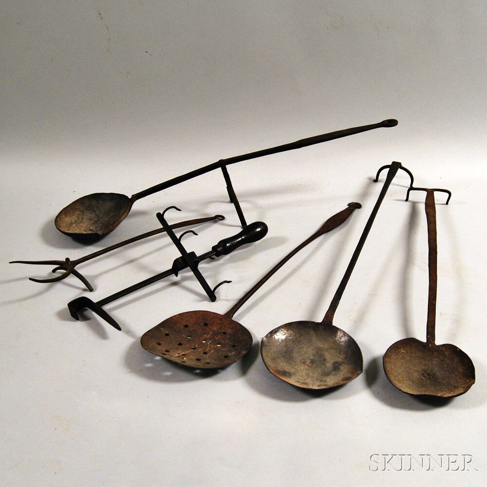 Appraisal: Six Wrought Iron Hearth Implements America late th early th