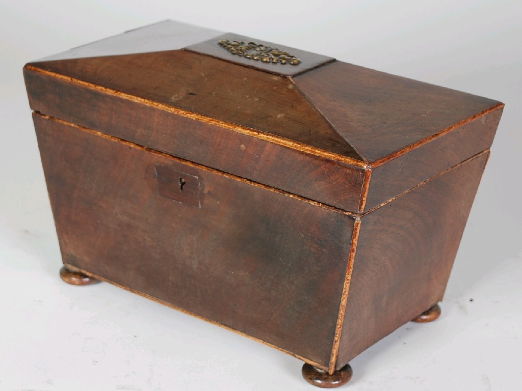 Appraisal: NINETEENTH CENTURY MAHOGANY TEA CADDY sarcophagus form the hinged cover