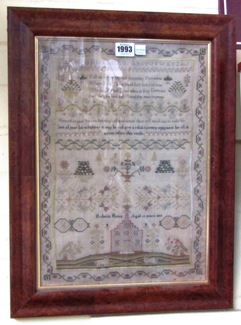 Appraisal: A needlework sampler by Rebecca Rowe aged years depicting a