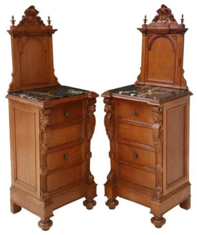 Appraisal: pair Italian carved oak nightstands late th c raised back