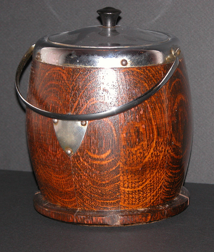 Appraisal: Oak and Metal Mounted Biscuit Barrel with Ceramic Lining th