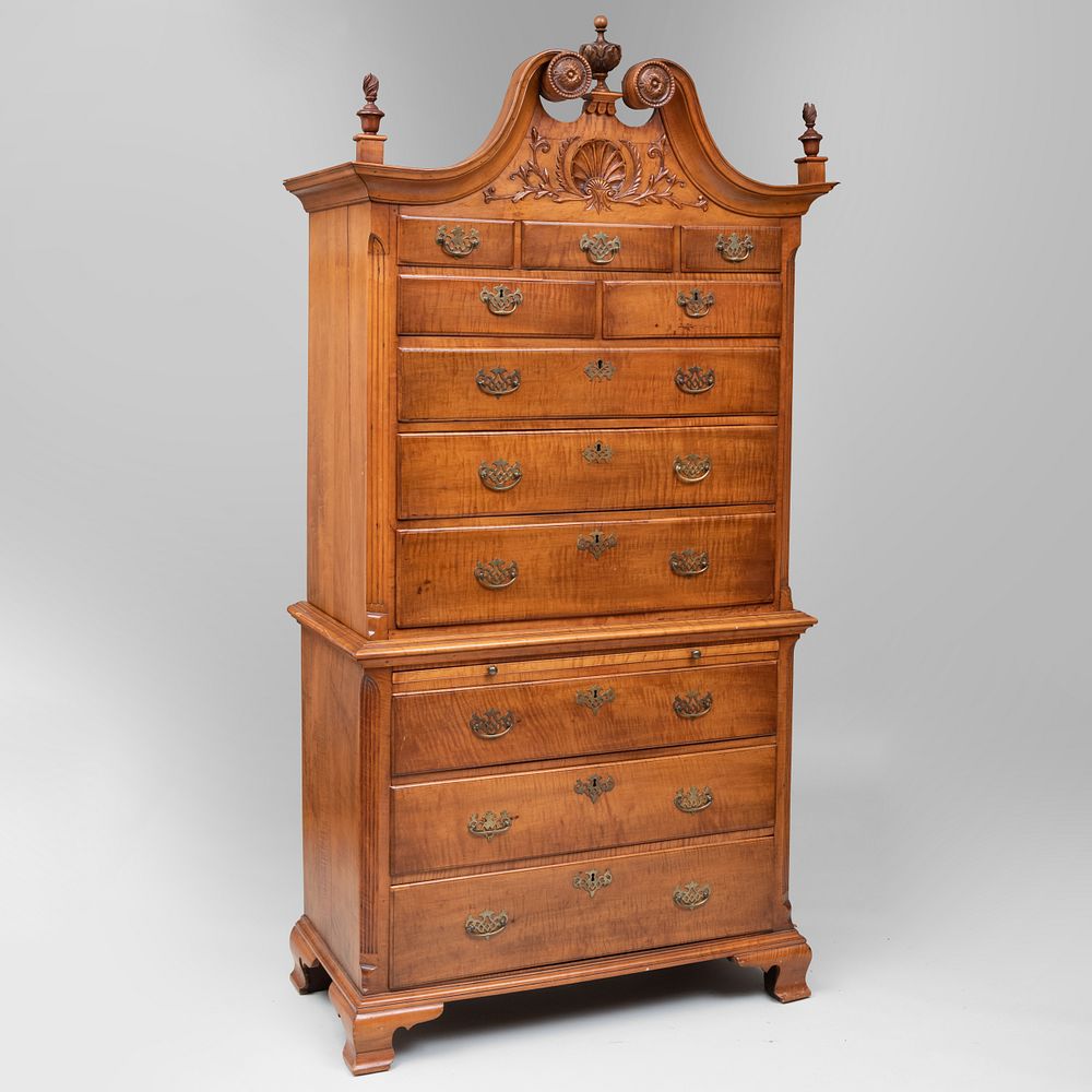 Appraisal: Chippendale Tiger Maple Chest on Chest Pennsylvania ft x x