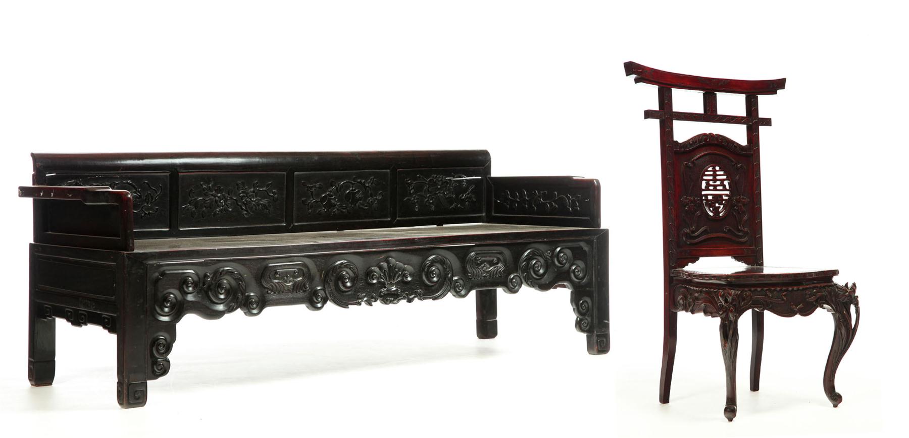 Appraisal: CARVED BENCH AND SIDE CHAIR Asian th century hardwood A