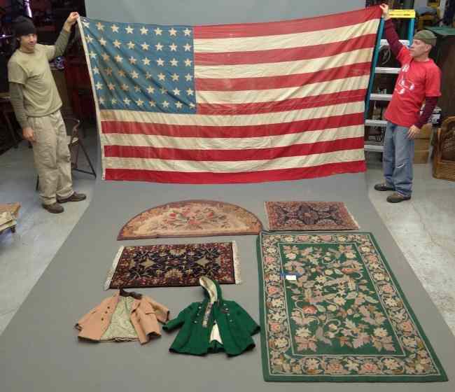 Appraisal: Misc textile lot including early star printed flag two scatter