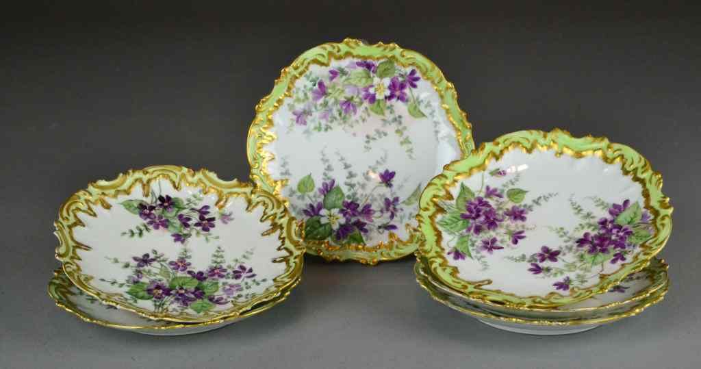 Appraisal: Pcs Hand-painted Limoges PlatesSix white plates with green glazed edges