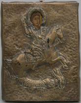 Appraisal: St George Icon circa th Century Hand-chased copper front plate