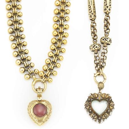 Appraisal: Two Antique Gold Necklaces with Heart Locket Pendants Estimate -