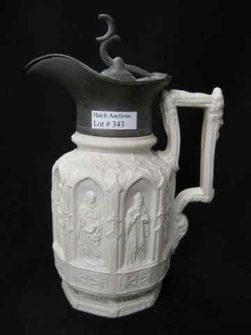 Appraisal: English Parian Jug Apostle decor pewter top '' circa