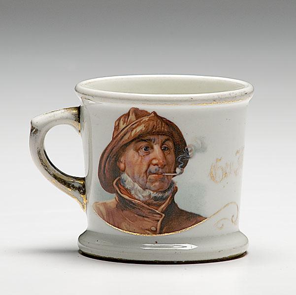 Appraisal: UNIQUE FISHERMAN'S OCCUPATIONAL SHAVING MUG porcelain with paired polychrome fishermen