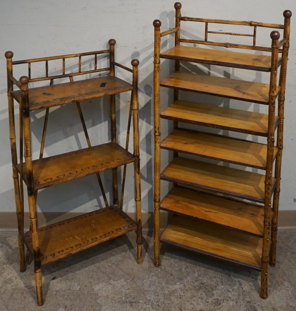 Appraisal: Two Edwardian Rattan Pyrography Maple and Chestnut Open Shelves