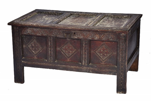 Appraisal: A LATE TH CENTURY OAK COFFER with triple panelled hinged